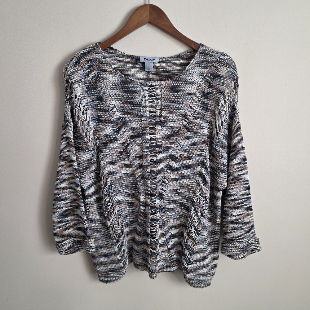 DKNY Space Dye Open Knit Sweater Brown Grey Cotton Blend‎ 3/4 Sleeve Size L